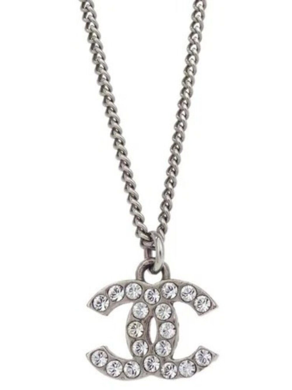 Chanel CC Chain Necklace Pendant Silver Rhinestone F12V 197855